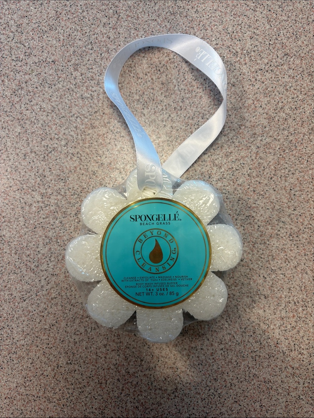 adidas White Floral Shower Sponge with Hanging Ribbon